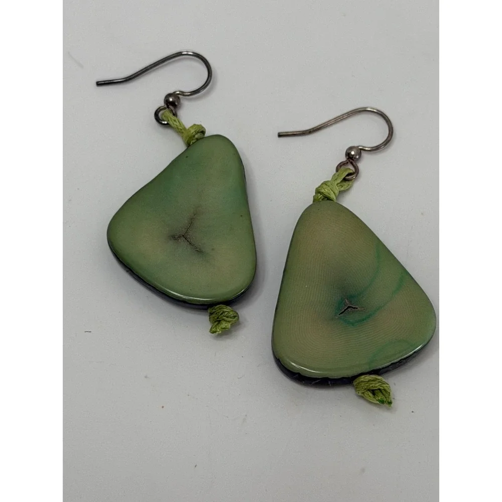 Artisan Tagua Nut Drop Earrings Sage Green Organic Vegetable Ivory Boho Dangle